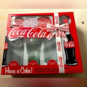 Coca Cola Glass Collectors Set with Vintage Glasses, Coasters, and Pretzels